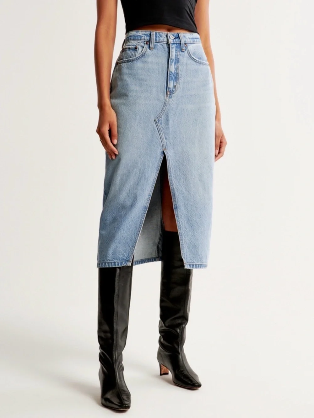 Abercrombie & Fitch Light Blue Denim Midi Skirt with Front Slit